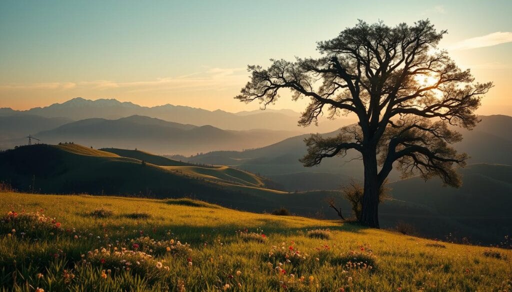 A serene landscape with a lush, green meadow in the foreground, dotted with vibrant wildflowers. In the middle ground, a sturdy oak tree stands tall, its branches casting a warm, dappled light across the scene. Beyond, rolling hills stretch out, their contours softly illuminated by the golden glow of the setting sun. In the background, a distant mountain range rises, its snow-capped peaks glistening in the fading light. The overall composition evokes a sense of stability, resilience, and the promise of growth, reflecting the durability and growth of a well-positioned retirement portfolio.