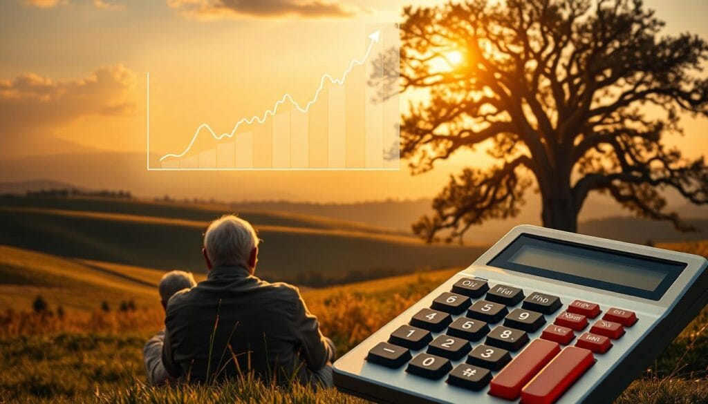 A serene landscape with rolling hills and a distant horizon, bathed in warm, golden light. In the foreground, two elderly figures sit side by side, their faces etched with the wisdom of years. A chart displaying fluctuating financial trends hovers ghostly above them, symbolizing the challenges of inflation and longevity. The middle ground features a meticulously detailed financial calculator, its buttons and screens illuminated, casting a soft glow on the scene. In the background, a towering oak tree stands tall, its branches swaying gently, a testament to the enduring passage of time.
