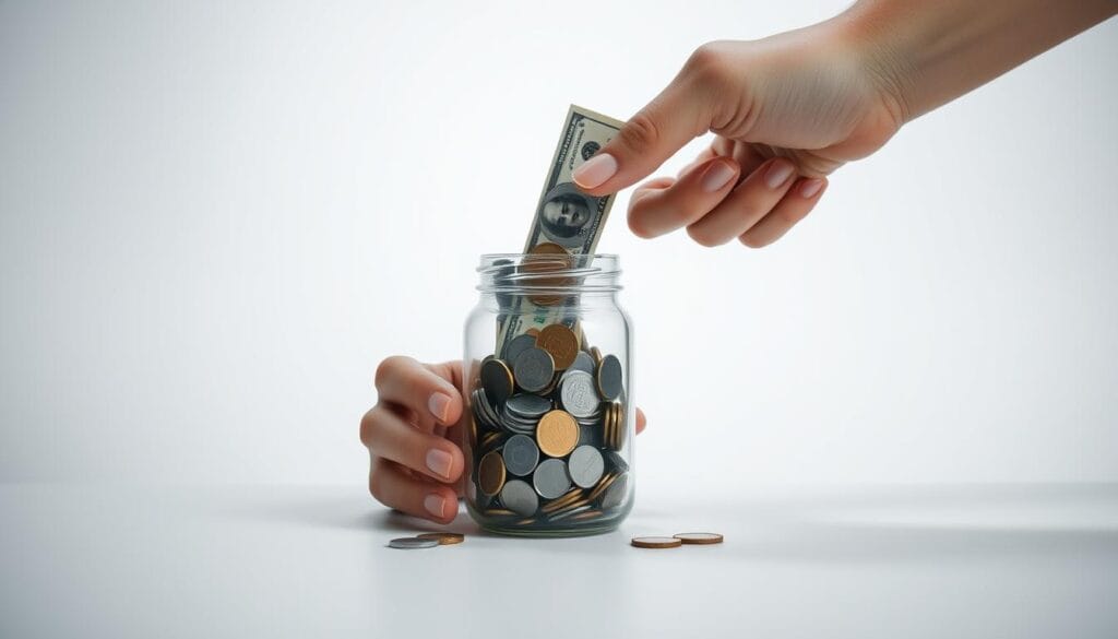 A serene, minimalist composition depicting a person's hands carefully placing coins and bills into a transparent glass jar, symbolizing a growing savings rate. The background is a clean, monochromatic palette, with soft, indirect lighting illuminating the financial elements. The focus is on the act of saving, conveying a sense of discipline, control, and a long-term financial mindset. The overall atmosphere is one of thoughtfulness, organization, and a steady, sustainable approach to building wealth over time. A serene, minimalist composition depicting a person's hands carefully placing coins and bills into a transparent glass jar, symbolizing a growing savings rate. The background is a clean, monochromatic palette, with soft, indirect lighting illuminating the financial elements. The focus is on the act of saving, conveying a sense of discipline, control, and a long-term financial mindset. The overall atmosphere is one of thoughtfulness, organization, and a steady, sustainable approach to building wealth over time.