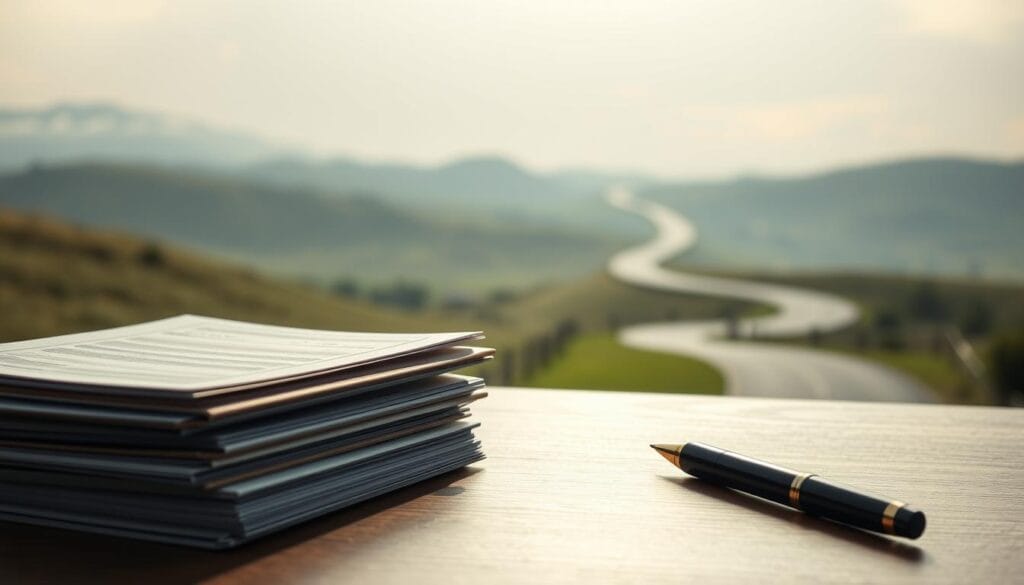 A serene, minimalist composition showcasing the four pillars of estate planning for seniors. In the foreground, a stack of documents and a pen, representing legal and financial arrangements. In the middle ground, two hands clasping, symbolizing the importance of communication and collaboration. In the background, a tranquil landscape with a winding path, conveying the sense of planning for the future. The lighting is soft and diffused, creating a calming atmosphere. The camera angle is slightly elevated, giving an overview of the scene. The composition is balanced and symmetrical, emphasizing the structure and stability of the estate planning process.