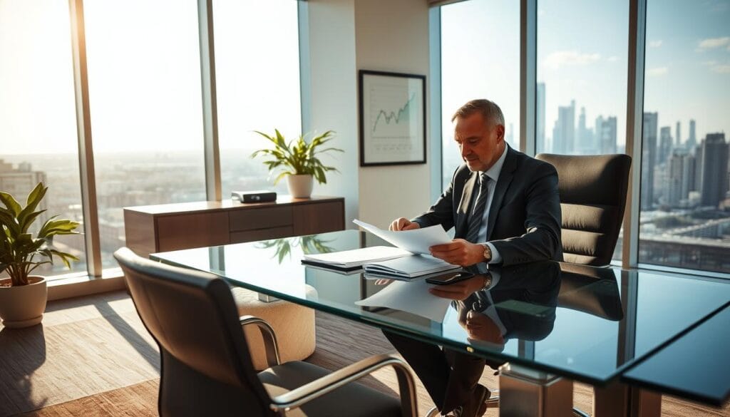 A serene modern office with natural lighting streaming through large windows. In the foreground, a well-dressed person sits at a sleek glass desk, carefully reviewing financial documents. The middle ground features tasteful decor, including a potted plant and a framed artwork depicting an abstract financial graph. The background showcases a cityscape with skyscrapers, hinting at the professional's deep understanding of the broader economic landscape. The overall atmosphere exudes a sense of expertise, thoughtfulness, and financial acumen.