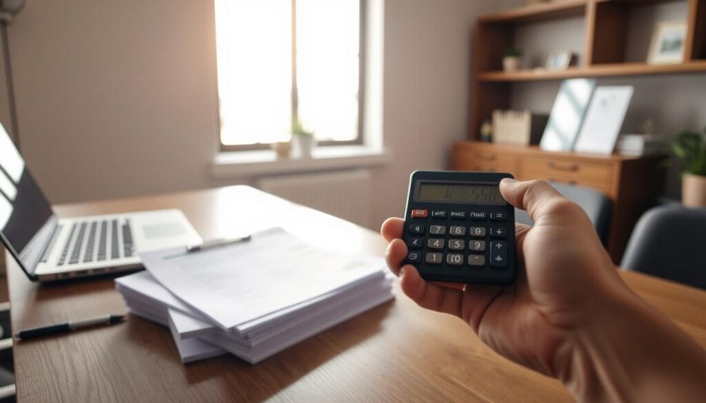 A serene office interior with a wooden desk, a laptop, and a financial report. In the foreground, a hand holds a calculator, representing the careful calculation of tax-efficient retirement withdrawals. The middle ground features a stack of retirement account statements, suggesting the meticulous planning involved. The background showcases a large window, allowing natural light to flow in, creating a warm and tranquil atmosphere. The lighting is soft and diffused, casting gentle shadows that emphasize the thoughtful nature of the scene. The overall composition conveys a sense of financial wisdom, attention to detail, and a well-considered retirement strategy.