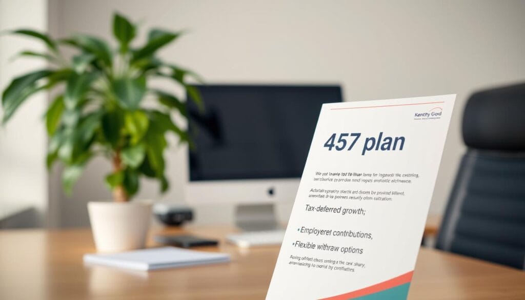A serene office setting with a desk, computer, and a potted plant. In the foreground, a 457 plan brochure showcases its key tax advantages - tax-deferred growth, employer contributions, and flexible withdrawal options. The background is softly lit, evoking a professional yet welcoming atmosphere. The composition emphasizes the financial benefits of the 457 plan, visually conveying the section's focus on its unique tax-saving capabilities. A serene office setting with a desk, computer, and a potted plant. In the foreground, a 457 plan brochure showcases its key tax advantages - tax-deferred growth, employer contributions, and flexible withdrawal options. The background is softly lit, evoking a professional yet welcoming atmosphere. The composition emphasizes the financial benefits of the 457 plan, visually conveying the section's focus on its unique tax-saving capabilities.