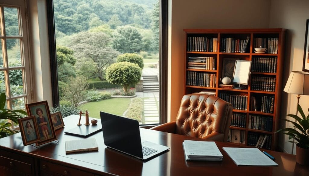 A serene office setting with a mahogany desk, a cozy leather armchair, and a large window overlooking a lush, verdant landscape. On the desk, a laptop, a few framed family photos, and a stack of financial documents. The lighting is soft and warm, creating a comforting atmosphere. In the middle ground, a bookshelf filled with finance and retirement planning books. In the background, a tranquil garden with a winding path and a small, bubbling fountain. The overall scene conveys a sense of thoughtful preparation, financial security, and a balanced, fulfilling retirement. A serene office setting with a mahogany desk, a cozy leather armchair, and a large window overlooking a lush, verdant landscape. On the desk, a laptop, a few framed family photos, and a stack of financial documents. The lighting is soft and warm, creating a comforting atmosphere. In the middle ground, a bookshelf filled with finance and retirement planning books. In the background, a tranquil garden with a winding path and a small, bubbling fountain. The overall scene conveys a sense of thoughtful preparation, financial security, and a balanced, fulfilling retirement.