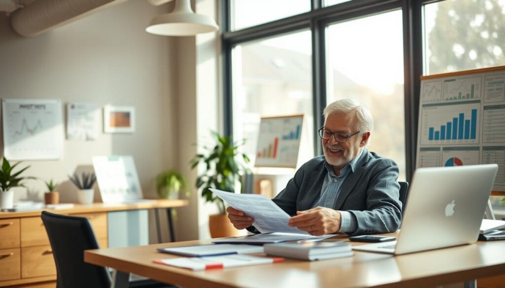 A serene office setting with a warm, inviting atmosphere. In the foreground, a retiree sitting comfortably at a desk, reviewing investment documents with a friendly financial advisor. The middle ground showcases various financial charts, graphs, and tools, conveying a sense of expertise and professionalism. The background features floor-to-ceiling windows, allowing natural light to flood the space and create a calming, tranquil ambiance. The lighting is soft and diffused, creating a sense of clarity and focus. The camera angle is slightly elevated, providing a comprehensive view of the scene and conveying a sense of trust and authority. The overall mood is one of confidence, security, and a steadfast commitment to the financial well-being of retirees. A serene office setting with a warm, inviting atmosphere. In the foreground, a retiree sitting comfortably at a desk, reviewing investment documents with a friendly financial advisor. The middle ground showcases various financial charts, graphs, and tools, conveying a sense of expertise and professionalism. The background features floor-to-ceiling windows, allowing natural light to flood the space and create a calming, tranquil ambiance. The lighting is soft and diffused, creating a sense of clarity and focus. The camera angle is slightly elevated, providing a comprehensive view of the scene and conveying a sense of trust and authority. The overall mood is one of confidence, security, and a steadfast commitment to the financial well-being of retirees.