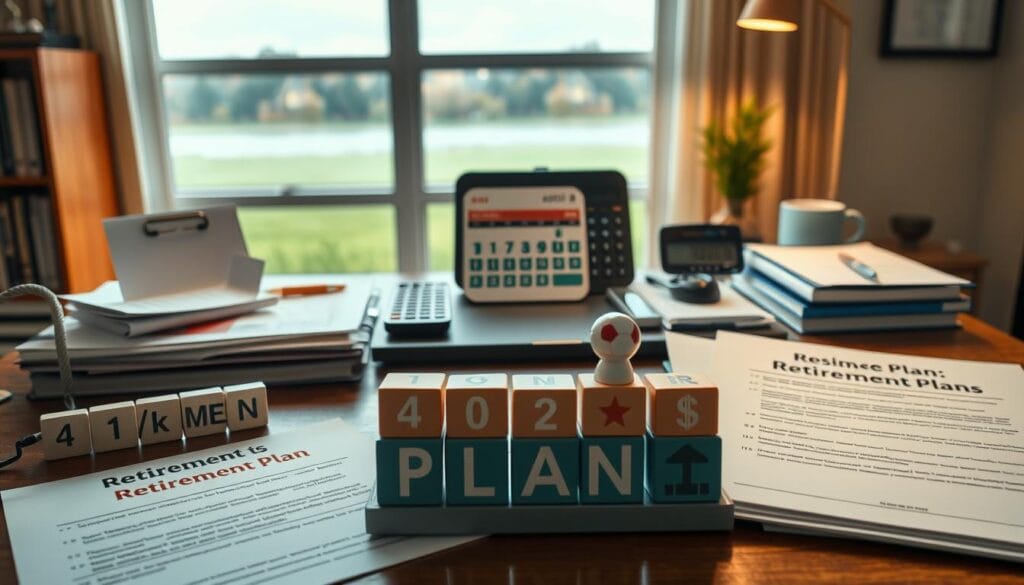A serene office setting with various retirement plan documents and icons arranged on a wooden desk. In the foreground, a variety of retirement plan types are prominently displayed, including 401(k), IRA, Roth IRA, and pension plans, each with distinctive icons and colors. The middle ground features a calendar, financial calculator, and retirement planning materials, conveying the importance of preparing for the future. The background is softly lit, creating a warm, contemplative atmosphere, with a window providing a glimpse of a tranquil outdoor scene, symbolizing the freedom and peace of retirement.