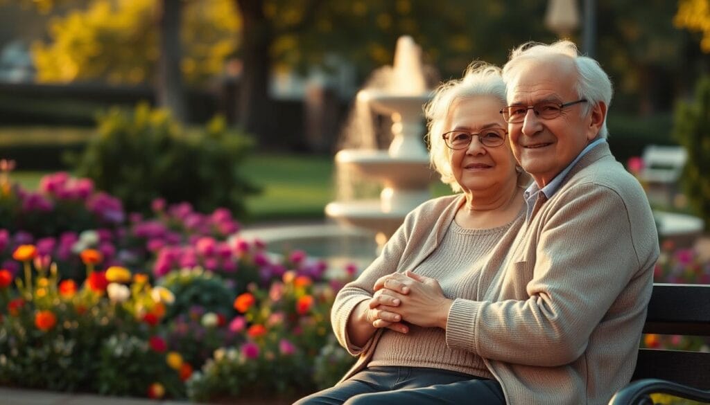 A serene outdoor scene with an elderly couple sitting on a park bench, their hands clasped together, conveying a sense of calm and security. In the background, a lush garden with vibrant flowers and a gently flowing fountain, bathed in warm, golden sunlight. The couple's expressions exude a sense of contentment and trust, symbolizing the peace of mind that comes with proper estate planning. The composition is framed from a slightly elevated angle, creating a sense of intimacy and connection with the viewer. A serene outdoor scene with an elderly couple sitting on a park bench, their hands clasped together, conveying a sense of calm and security. In the background, a lush garden with vibrant flowers and a gently flowing fountain, bathed in warm, golden sunlight. The couple's expressions exude a sense of contentment and trust, symbolizing the peace of mind that comes with proper estate planning. The composition is framed from a slightly elevated angle, creating a sense of intimacy and connection with the viewer.