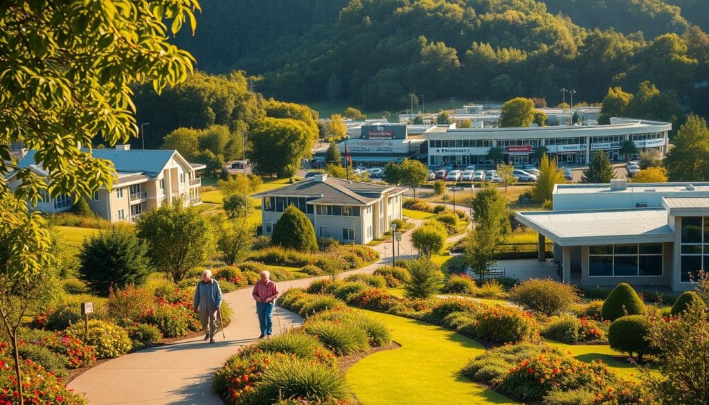 A serene retirement community nestled in a lush, verdant landscape. In the foreground, a well-maintained pathway winds through vibrant gardens, where elderly residents stroll leisurely, basking in the warm, golden sunlight. The middle ground features modern, accessible buildings with clean lines and wide entryways, ensuring ease of mobility. In the distance, a cluster of shops and amenities, such as a pharmacy and a grocery store, are easily accessible, catering to the daily needs of the community. The overall atmosphere exudes a sense of safety, comfort, and convenience, creating an idyllic environment for the residents to thrive and enjoy their golden years. A serene retirement community nestled in a lush, verdant landscape. In the foreground, a well-maintained pathway winds through vibrant gardens, where elderly residents stroll leisurely, basking in the warm, golden sunlight. The middle ground features modern, accessible buildings with clean lines and wide entryways, ensuring ease of mobility. In the distance, a cluster of shops and amenities, such as a pharmacy and a grocery store, are easily accessible, catering to the daily needs of the community. The overall atmosphere exudes a sense of safety, comfort, and convenience, creating an idyllic environment for the residents to thrive and enjoy their golden years.