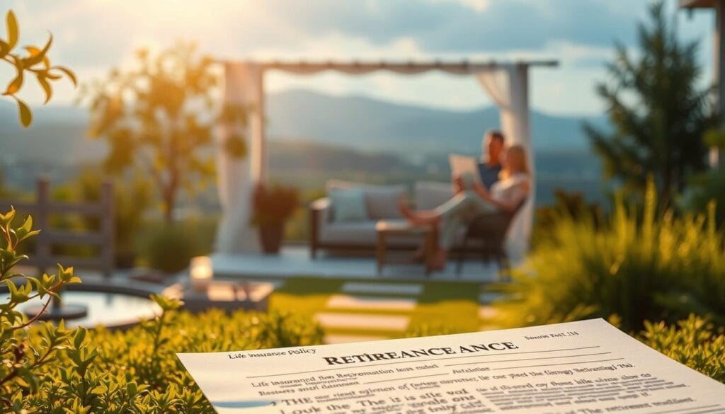 A serene retirement plan unfolds, a life insurance policy prominently displayed, its intricate details illuminated by warm, golden light. In the foreground, a peaceful garden with lush greenery and tranquil water features sets the stage. The middle ground showcases a cozy, inviting living space, where a couple sits comfortably, discussing their financial future. The background reveals a picturesque landscape, hinting at the fulfillment and security this retirement plan provides. The overall atmosphere exudes a sense of security, comfort, and a well-planned future, seamlessly integrating life insurance as a crucial component of a comprehensive retirement strategy.