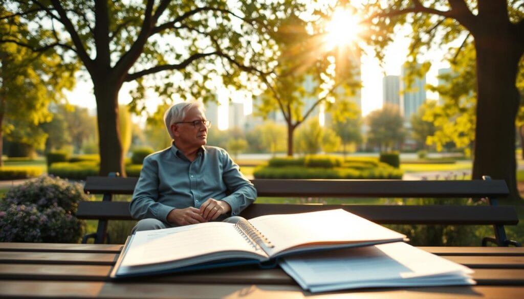 A serene scene of a mature couple sitting on a park bench, engaged in a thoughtful discussion about their retirement income plan. The warm afternoon sunlight filters through the trees, casting a gentle glow on their faces. In the foreground, an open notebook and financial documents are neatly arranged, representing the careful planning and attention to detail that goes into crafting a sustainable retirement income strategy. The middle ground features a lush, well-manicured garden, symbolizing the growth and security that a solid retirement plan can provide. In the background, a modern city skyline serves as a reminder of the broader economic landscape that retirees must navigate. The overall mood is one of tranquility, confidence, and a sense of preparedness for the future. A serene scene of a mature couple sitting on a park bench, engaged in a thoughtful discussion about their retirement income plan. The warm afternoon sunlight filters through the trees, casting a gentle glow on their faces. In the foreground, an open notebook and financial documents are neatly arranged, representing the careful planning and attention to detail that goes into crafting a sustainable retirement income strategy. The middle ground features a lush, well-manicured garden, symbolizing the growth and security that a solid retirement plan can provide. In the background, a modern city skyline serves as a reminder of the broader economic landscape that retirees must navigate. The overall mood is one of tranquility, confidence, and a sense of preparedness for the future.
