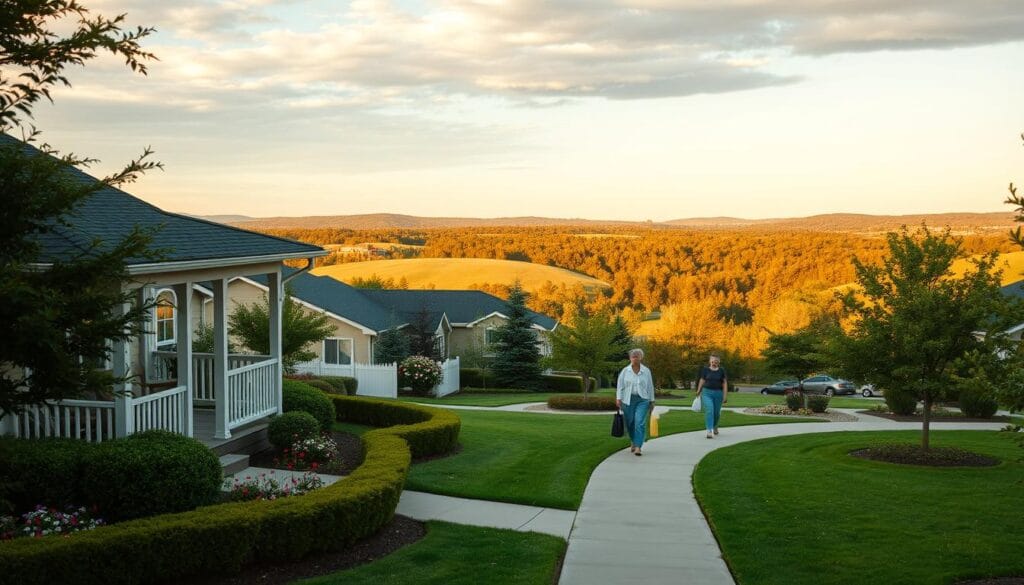 A serene senior community nestled in a lush, verdant landscape. In the foreground, a well-maintained retirement home with a welcoming porch, surrounded by neatly trimmed hedges and vibrant flower beds. In the middle ground, retirees leisurely strolling on paved pathways, carrying grocery bags or conversing with neighbors. The background features a picturesque skyline, with rolling hills and a distant tree-lined horizon bathed in warm, golden sunlight. The overall mood is one of tranquility, comfort, and a sense of community, reflecting the readiness and anticipation of seniors embarking on their next chapter of homeownership. A serene senior community nestled in a lush, verdant landscape. In the foreground, a well-maintained retirement home with a welcoming porch, surrounded by neatly trimmed hedges and vibrant flower beds. In the middle ground, retirees leisurely strolling on paved pathways, carrying grocery bags or conversing with neighbors. The background features a picturesque skyline, with rolling hills and a distant tree-lined horizon bathed in warm, golden sunlight. The overall mood is one of tranquility, comfort, and a sense of community, reflecting the readiness and anticipation of seniors embarking on their next chapter of homeownership.