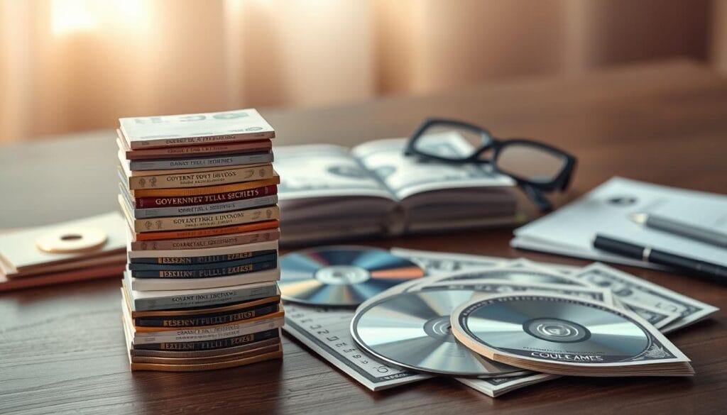 A serene still life composition showcasing a diverse array of fixed income investment instruments. In the foreground, a stack of government bonds and municipal securities stands tall, reflecting the steady, reliable nature of these investments. In the middle ground, a spread of corporate bonds and CDs sit neatly, each bearing the distinct seals of their respective issuers. In the background, a pair of reading glasses and a notepad symbolize the thoughtful research and analysis required to navigate the fixed income landscape. The entire scene is bathed in warm, natural lighting, conveying a sense of security and prudence associated with these investments, ideal for seniors seeking to preserve their wealth.