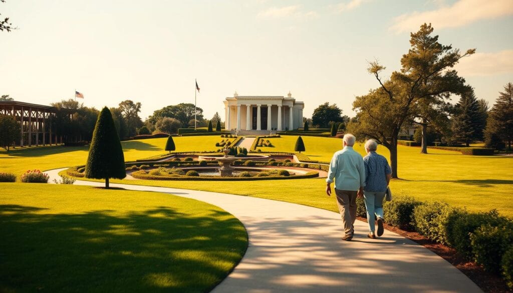 A serene, sun-dappled landscape with a winding pathway leading towards a majestic, columned building in the distance. In the foreground, a group of retired individuals strolling leisurely, deep in conversation about their financial planning and the optimal timing of their Social Security benefits. The middle ground features a well-maintained garden with lush greenery and a tranquil water feature, symbolizing the stability and security of a comfortable retirement. The background showcases a warm, golden-hued sky, conveying a sense of contentment and prosperity. The entire scene is captured with a soft, cinematic focus, evoking a timeless, well-planned retirement journey.