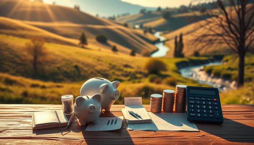 A serene, sun-dappled landscape with rolling hills and a winding stream in the background. In the foreground, a variety of financial instruments and retirement savings symbols such as piggy banks, retirement calculators, and investment charts are neatly arranged on a wooden table. Warm, soft lighting illuminates the scene, creating a sense of tranquility and financial well-being. The composition is clean and balanced, with a focus on the key elements that represent the concept of "retirement savings strategies." The overall tone is one of thoughtfulness, organization, and financial security. A serene, sun-dappled landscape with rolling hills and a winding stream in the background. In the foreground, a variety of financial instruments and retirement savings symbols such as piggy banks, retirement calculators, and investment charts are neatly arranged on a wooden table. Warm, soft lighting illuminates the scene, creating a sense of tranquility and financial well-being. The composition is clean and balanced, with a focus on the key elements that represent the concept of "retirement savings strategies." The overall tone is one of thoughtfulness, organization, and financial security.