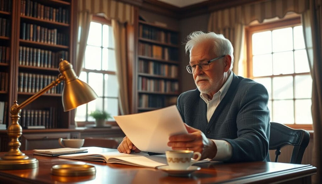 A serene, sun-dappled office setting, with a senior adult sitting at a wooden desk, reviewing legal documents. Elegant bookshelves line the walls, casting a warm glow. The lighting is soft and diffuse, creating a contemplative atmosphere. In the foreground, a brass desk lamp and a steaming cup of tea hint at the thoughtful nature of the task at hand. The senior's expression is one of focused concentration, underscoring the importance of the trust-related decisions they are navigating. The overall scene conveys a sense of security, wisdom, and the careful planning necessary for a comfortable retirement.