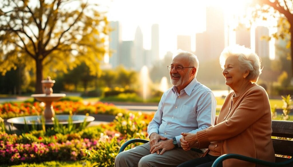A serene, sun-dappled scene of a senior couple enjoying a peaceful retirement, surrounded by symbols of financial security. In the foreground, an elderly man and woman sit on a park bench, smiling contentedly as they hold hands. In the middle ground, a lush garden with blooming flowers and a tranquil water feature, representing the vibrant life they've cultivated. In the background, a modern city skyline, hinting at the financial resources and expertise they've secured through their partnership with a trusted financial broker. The warm, golden lighting casts a hopeful glow, conveying the sense of comfort, confidence, and well-being that comes from planning for a secure financial future.