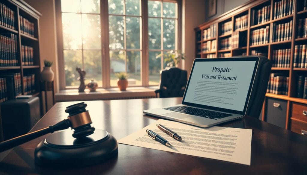 A serene, sun-drenched office interior, with a wooden desk, leather chair, and rows of organized legal files. In the foreground, a gavel, pen, and legal documents symbolize the probate process. On the desk, a laptop displays a digital will and testament. The middle ground features bookshelves filled with legal volumes, casting warm, directional lighting across the scene. The background reveals a large window overlooking a tranquil garden, conveying a sense of contemplation and resolution. The overall mood is one of professionalism, order, and the gravity of the inheritance planning process.