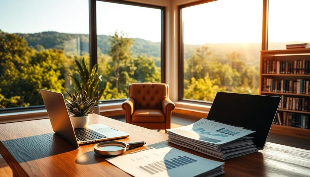 A serene, sun-drenched office space with a panoramic window overlooking a lush, verdant landscape. In the foreground, a wooden desk with an open laptop, a stack of financial reports, and a potted plant. On the desk, a magnifying glass hovers over various investment charts and graphs, symbolizing the meticulous analysis of financial data. In the middle ground, a comfortable leather chair invites the viewer to sit and ponder investment strategies. The background is filled with bookshelves lined with volumes on finance, economics, and investment theory, conveying a sense of expertise and informed decision-making. Warm, golden lighting filters through the window, casting a contemplative glow over the scene, evoking a mood of thoughtful, long-term financial planning.