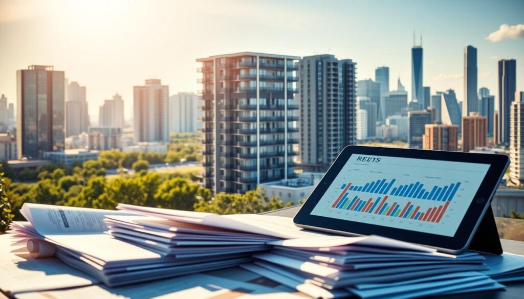 A serene, sun-drenched scene of a diverse portfolio of Real Estate Investment Trusts (REITs). In the foreground, a stack of financial reports and a tablet displaying REIT performance data, conveying an atmosphere of informed, thoughtful investment. The middle ground features a modern, well-appointed apartment building, symbolizing the tangible real estate assets underlying REIT investments. In the background, a cityscape of skyscrapers and commercial properties, hinting at the broad exposure to various sectors that REITs can provide. The lighting is warm and inviting, creating a sense of stability and reliability - qualities that appeal to retirees seeking consistent income streams. A serene, sun-drenched scene of a diverse portfolio of Real Estate Investment Trusts (REITs). In the foreground, a stack of financial reports and a tablet displaying REIT performance data, conveying an atmosphere of informed, thoughtful investment. The middle ground features a modern, well-appointed apartment building, symbolizing the tangible real estate assets underlying REIT investments. In the background, a cityscape of skyscrapers and commercial properties, hinting at the broad exposure to various sectors that REITs can provide. The lighting is warm and inviting, creating a sense of stability and reliability - qualities that appeal to retirees seeking consistent income streams.