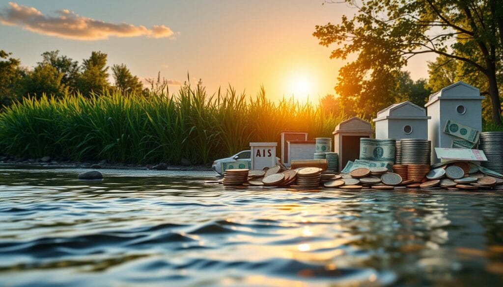 A serene, sunlit scene showcasing a diverse array of financial income sources. In the foreground, a peaceful river flows, its tranquil waters reflecting a range of coins, bills, and investment instruments. In the middle ground, lush greenery frames a collection of savings accounts, retirement plans, and real estate assets. The background features a warm, golden sunset, symbolizing the financial security and stability of a well-planned retirement income. The overall composition conveys a sense of balance, harmony, and a reliable stream of income sources. A serene, sunlit scene showcasing a diverse array of financial income sources. In the foreground, a peaceful river flows, its tranquil waters reflecting a range of coins, bills, and investment instruments. In the middle ground, lush greenery frames a collection of savings accounts, retirement plans, and real estate assets. The background features a warm, golden sunset, symbolizing the financial security and stability of a well-planned retirement income. The overall composition conveys a sense of balance, harmony, and a reliable stream of income sources.