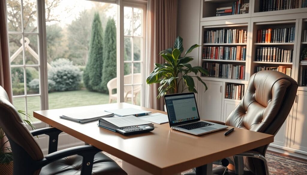 A serene, well-appointed home office with an ergonomic desk, plush leather chair, and large windows overlooking a tranquil garden. On the desk, a financial planner's toolkit - ledgers, a calculator, and a laptop displaying retirement planning software. Soft, natural lighting fills the space, creating a calming, contemplative atmosphere. In the background, bookshelves lined with financial and investment guides, hinting at the breadth of knowledge available to the retirement planner. The overall scene conveys a sense of expertise, diligence, and a commitment to helping clients achieve their financial goals in their golden years. A serene, well-appointed home office with an ergonomic desk, plush leather chair, and large windows overlooking a tranquil garden. On the desk, a financial planner's toolkit - ledgers, a calculator, and a laptop displaying retirement planning software. Soft, natural lighting fills the space, creating a calming, contemplative atmosphere. In the background, bookshelves lined with financial and investment guides, hinting at the breadth of knowledge available to the retirement planner. The overall scene conveys a sense of expertise, diligence, and a commitment to helping clients achieve their financial goals in their golden years.
