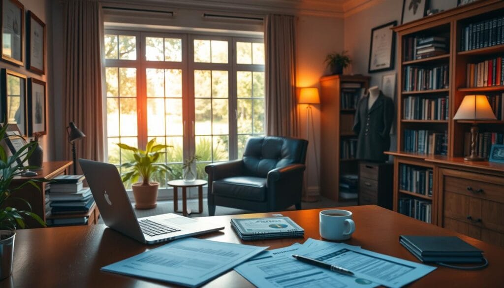 A serene, well-appointed home office with warm lighting and a cozy, inviting atmosphere. In the foreground, a wooden desk with a laptop, financial documents, and a cup of coffee. On the walls, framed certificates and financial charts. In the middle ground, a comfortable leather armchair and a bookshelf filled with financial planning books. Through the window, a tranquil garden with lush greenery, symbolizing the peaceful, secure future achieved through diligent retirement planning. The overall mood is one of confidence, stability, and personal fulfillment.