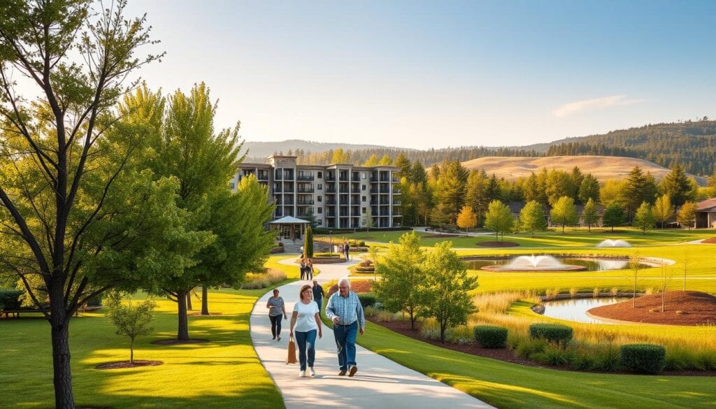 A serene, well-appointed retirement community nestled in a picturesque landscape. In the foreground, a group of active seniors strolling along a tree-lined path, enjoying the warm, golden sunlight. In the middle ground, a modern, multi-story building with a contemporary design and abundant windows, surrounded by manicured gardens and water features. In the background, gently rolling hills dotted with verdant trees, creating a tranquil, natural backdrop. The atmosphere exudes a sense of comfort, community, and an active, fulfilling lifestyle for the residents. A serene, well-appointed retirement community nestled in a picturesque landscape. In the foreground, a group of active seniors strolling along a tree-lined path, enjoying the warm, golden sunlight. In the middle ground, a modern, multi-story building with a contemporary design and abundant windows, surrounded by manicured gardens and water features. In the background, gently rolling hills dotted with verdant trees, creating a tranquil, natural backdrop. The atmosphere exudes a sense of comfort, community, and an active, fulfilling lifestyle for the residents.