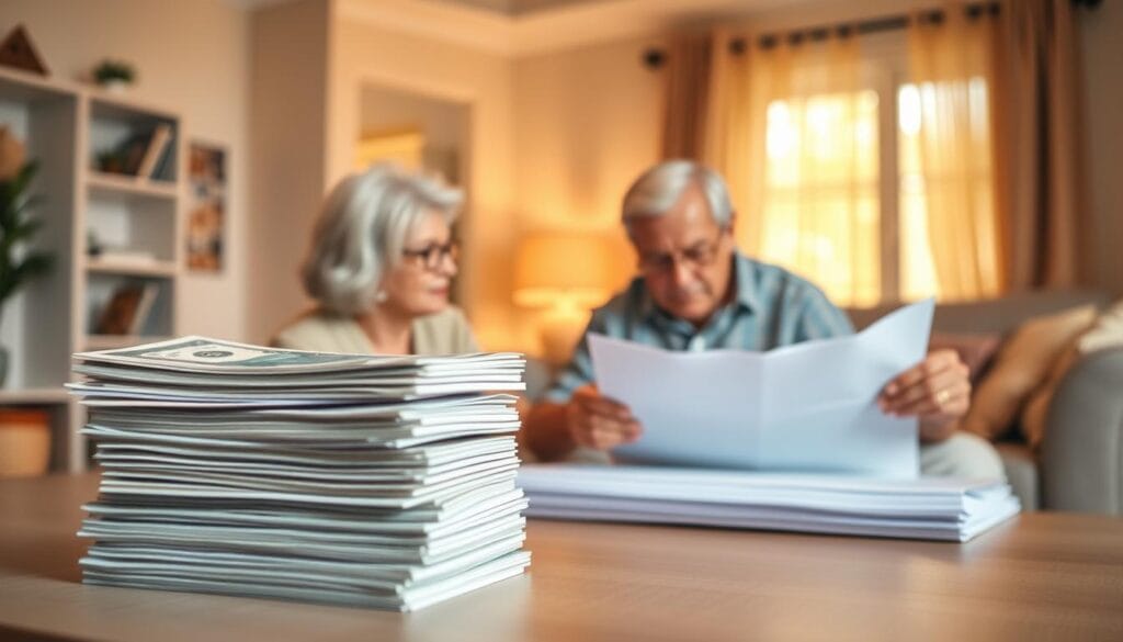 A serene, well-balanced composition depicting the key benefits of fixed income investing for seniors. In the foreground, a stack of government bonds and a senior couple reviewing financial documents, conveying security and stability. In the middle ground, a chart showing stable, consistent returns over time. In the background, a warm, softly-lit home interior, suggesting comfort and peace of mind. Gentle lighting casts a golden glow, and the overall mood is one of tranquility and financial confidence. The image should inspire a sense of financial security and well-being for seniors on a fixed income.