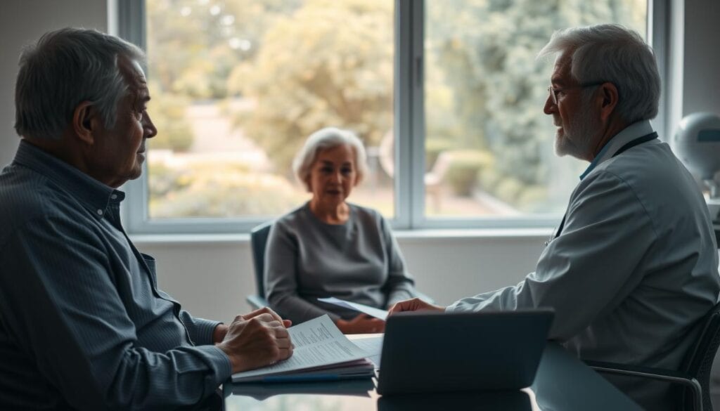 A serene, well-lit doctor's office with a large window overlooking a peaceful garden. In the foreground, an elderly couple sits across from a caring physician, engaged in a thoughtful discussion about healthcare decisions. The man's face is etched with concern, while the woman's expression conveys a sense of trust. On the physician's desk, various medical documents and a laptop suggest a professional, yet compassionate atmosphere. The lighting is soft and warm, casting a gentle glow on the scene. The background features subtle, out-of-focus medical equipment, conveying the setting without distracting from the central interaction.