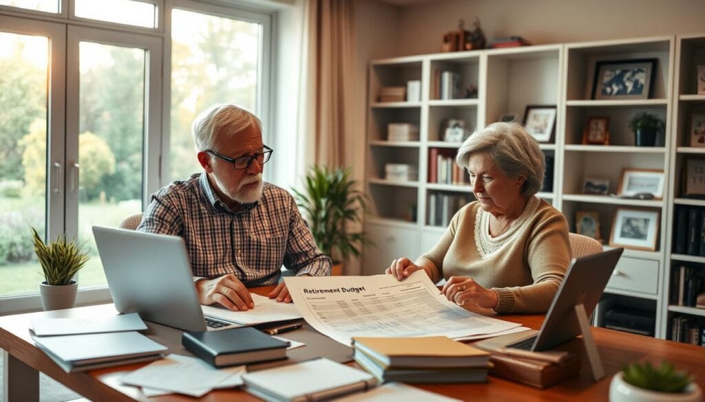 A serene, well-lit home office with a desk, laptop, and various financial documents neatly arranged. In the foreground, a retired couple sits together, contemplating a retirement budget spreadsheet on the desk, expressions thoughtful yet content. The middle ground features bookshelves, a potted plant, and framed family photographs, conveying a sense of stability and personal fulfillment. The background showcases a panoramic window overlooking a tranquil garden, bathed in warm, golden light, symbolizing the financial security and peace of mind that comes with a well-planned retirement. A serene, well-lit home office with a desk, laptop, and various financial documents neatly arranged. In the foreground, a retired couple sits together, contemplating a retirement budget spreadsheet on the desk, expressions thoughtful yet content. The middle ground features bookshelves, a potted plant, and framed family photographs, conveying a sense of stability and personal fulfillment. The background showcases a panoramic window overlooking a tranquil garden, bathed in warm, golden light, symbolizing the financial security and peace of mind that comes with a well-planned retirement.