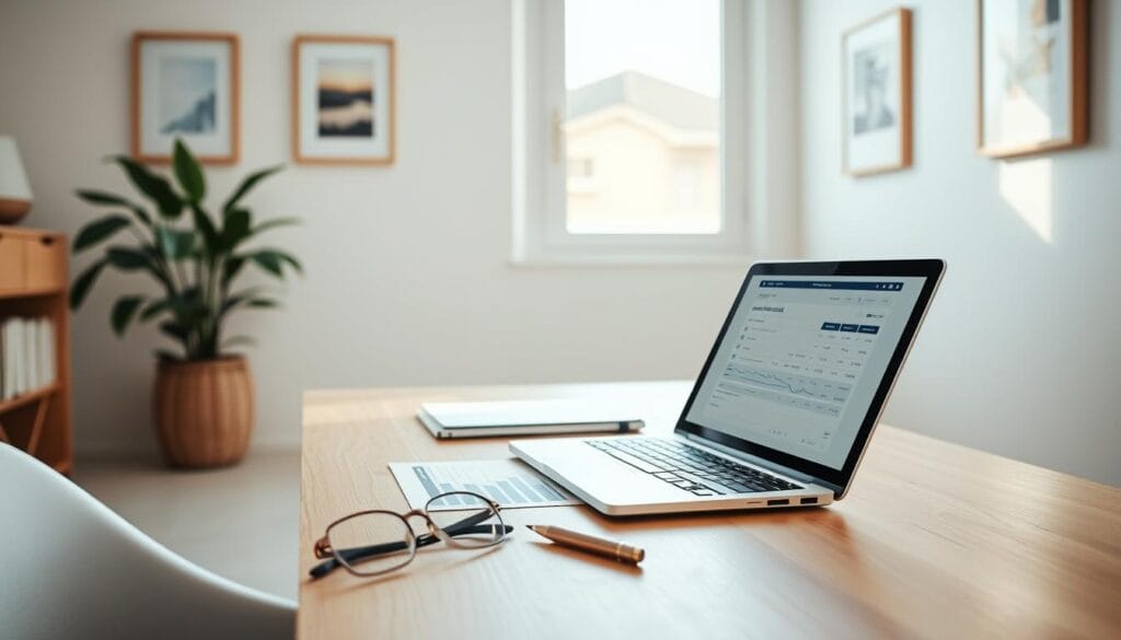 A serene, well-lit home office with a wooden desk, a potted plant, and a laptop displaying financial documents. A pair of eyeglasses and a pen rest on the desk, suggesting a thoughtful, focused financial planning session. The walls are adorned with minimalist art, conveying a sense of tranquility and organization. Soft, natural lighting filters through a large window, illuminating the space and creating a calming atmosphere. The overall scene exudes an air of financial responsibility and careful consideration for the future. A serene, well-lit home office with a wooden desk, a potted plant, and a laptop displaying financial documents. A pair of eyeglasses and a pen rest on the desk, suggesting a thoughtful, focused financial planning session. The walls are adorned with minimalist art, conveying a sense of tranquility and organization. Soft, natural lighting filters through a large window, illuminating the space and creating a calming atmosphere. The overall scene exudes an air of financial responsibility and careful consideration for the future.