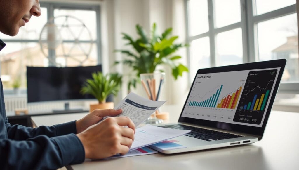 A serene, well-lit office setting with a modern desk, a potted plant, and a desktop computer. In the foreground, a person's hands carefully reviewing financial documents and spreadsheets, their expression thoughtful and focused. In the middle ground, a sleek, silver laptop displays graphs and charts, illustrating the growth of a Health Savings Account portfolio. The background features floor-to-ceiling windows, allowing natural light to flood the space, creating a sense of tranquility and clarity. The overall atmosphere conveys a sense of diligence, prudence, and a commitment to securing one's financial future.
