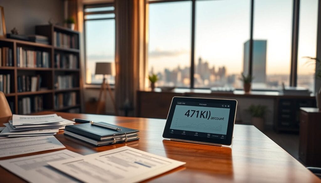 A serene, well-lit office setting, with a wooden desk in the foreground. On the desk, various financial documents and a tablet displaying a 401(k) or IRA account balance. In the middle ground, a bookshelf filled with financial references, and a window overlooking a scenic cityscape in the background. The lighting is warm and natural, creating a sense of professionalism and financial security. The overall atmosphere conveys the importance of carefully rolling over retirement funds to ensure a smooth transition into the next phase of life.