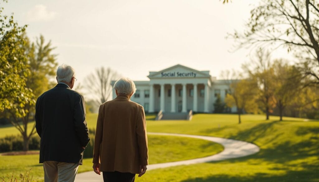 A serene, well-lit scene depicting the concept of social security. The foreground features a elderly couple, dressed smartly, standing in a park-like setting with lush greenery and a winding path. The middle ground showcases a stately government building with a prominent "Social Security" sign, its architecture reflecting a sense of stability and reliability. The background gently fades into a warm, sun-dappled sky, creating an atmosphere of comfort and security. The lighting is soft and diffused, enhancing the tranquil mood. The camera angle is slightly low, giving the viewer a sense of reassurance and trust in the subject matter. A serene, well-lit scene depicting the concept of social security. The foreground features a elderly couple, dressed smartly, standing in a park-like setting with lush greenery and a winding path. The middle ground showcases a stately government building with a prominent "Social Security" sign, its architecture reflecting a sense of stability and reliability. The background gently fades into a warm, sun-dappled sky, creating an atmosphere of comfort and security. The lighting is soft and diffused, enhancing the tranquil mood. The camera angle is slightly low, giving the viewer a sense of reassurance and trust in the subject matter.