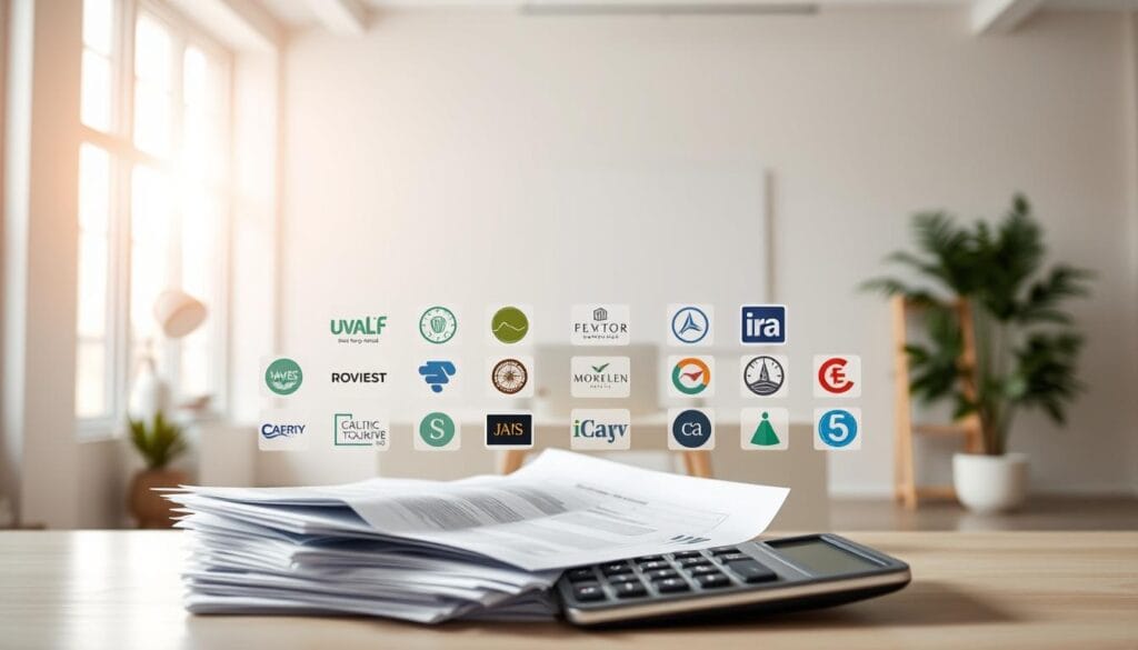 A serene, well-lit scene showcasing a diverse array of Roth IRA mutual fund investments. In the foreground, a stack of financial documents and a calculator, conveying the thoughtful planning process. In the middle ground, various fund logos and icons are neatly arranged, representing the different investment options. The background features a clean, minimalist office setting with a large window, allowing natural light to filter in and create a warm, inviting atmosphere. The overall composition radiates a sense of financial security, responsible retirement planning, and the potential for tax-free growth. A serene, well-lit scene showcasing a diverse array of Roth IRA mutual fund investments. In the foreground, a stack of financial documents and a calculator, conveying the thoughtful planning process. In the middle ground, various fund logos and icons are neatly arranged, representing the different investment options. The background features a clean, minimalist office setting with a large window, allowing natural light to filter in and create a warm, inviting atmosphere. The overall composition radiates a sense of financial security, responsible retirement planning, and the potential for tax-free growth.