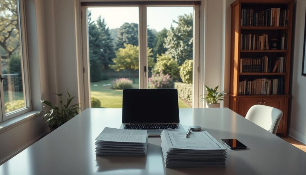A serene, well-lit study with a large, clean desk featuring a laptop, a stack of financial documents, and a smartphone. The window behind the desk offers a scenic view of a lush, tranquil garden. A tasteful bookshelf lines the wall, hinting at the owner's financial expertise. The lighting is soft and natural, creating a warm, inviting atmosphere. The overall scene conveys a sense of organization, flexibility, and control over one's financial future, reflecting the concept of using a taxable brokerage account to complement retirement savings. A serene, well-lit study with a large, clean desk featuring a laptop, a stack of financial documents, and a smartphone. The window behind the desk offers a scenic view of a lush, tranquil garden. A tasteful bookshelf lines the wall, hinting at the owner's financial expertise. The lighting is soft and natural, creating a warm, inviting atmosphere. The overall scene conveys a sense of organization, flexibility, and control over one's financial future, reflecting the concept of using a taxable brokerage account to complement retirement savings.