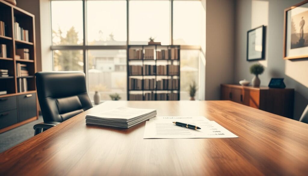 A sleek and modern office setting, with a large wooden desk and an executive chair in the foreground. On the desk, a stack of documents and a pen, representing a deferred compensation plan. The middle ground features floor-to-ceiling windows, allowing natural light to stream in and create a warm, professional atmosphere. In the background, a bookshelf filled with business journals and a framed certificate on the wall, conveying a sense of authority and expertise. The lighting is soft and directional, creating subtle shadows and highlights that add depth and dimension to the scene. The overall tone is one of financial security, careful planning, and a commitment to long-term growth. A sleek and modern office setting, with a large wooden desk and an executive chair in the foreground. On the desk, a stack of documents and a pen, representing a deferred compensation plan. The middle ground features floor-to-ceiling windows, allowing natural light to stream in and create a warm, professional atmosphere. In the background, a bookshelf filled with business journals and a framed certificate on the wall, conveying a sense of authority and expertise. The lighting is soft and directional, creating subtle shadows and highlights that add depth and dimension to the scene. The overall tone is one of financial security, careful planning, and a commitment to long-term growth.