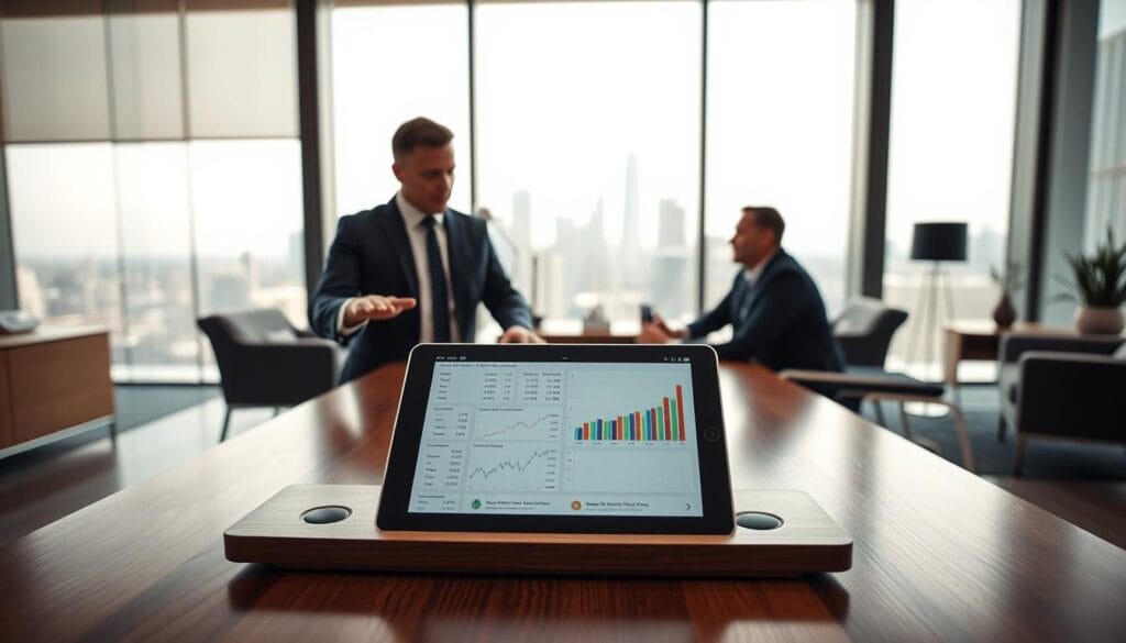 A sleek, minimalist financial office interior with a large window overlooking a bustling city skyline. In the foreground, a polished wooden desk holds a tablet displaying various investment charts and graphs. Behind it, a well-dressed wealth manager gestures towards the screen, explaining strategies to a client seated across from them. Soft, indirect lighting casts a warm, professional glow, while the background features modern furniture and decor in muted tones. The overall scene conveys a sense of expertise, diligence, and a commitment to guiding clients towards their financial goals. A sleek, minimalist financial office interior with a large window overlooking a bustling city skyline. In the foreground, a polished wooden desk holds a tablet displaying various investment charts and graphs. Behind it, a well-dressed wealth manager gestures towards the screen, explaining strategies to a client seated across from them. Soft, indirect lighting casts a warm, professional glow, while the background features modern furniture and decor in muted tones. The overall scene conveys a sense of expertise, diligence, and a commitment to guiding clients towards their financial goals.