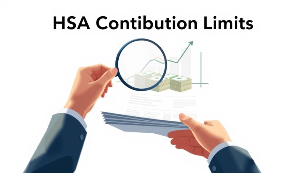 A sleek, minimalist illustration of "HSA Contribution Limits" against a clean, white background. In the foreground, a pair of hands holding a magnifying glass, examining a set of finance documents. The midground features an array of neatly stacked dollar bills and a stylized graph depicting retirement savings. The background has a soft, blurred effect, drawing the viewer's focus to the key financial details. The overall mood is one of clarity, precision, and diligent financial planning. Subtle lighting casts a gentle glow, creating a sense of professionalism and expertise. The composition is balanced, with elements arranged in a visually appealing manner to highlight the core subject matter.