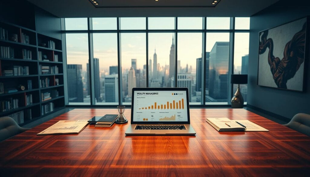 A sleek, modern office interior with large windows overlooking a bustling cityscape. A polished wooden desk takes center stage, adorned with elegant financial reports and a laptop displaying a wealth management rankings dashboard. The background features shelves of financial books and awards, creating an atmosphere of professionalism and expertise. Soft, directional lighting casts a warm glow, while a large, abstract painting on the wall adds a touch of sophistication. The overall scene conveys a sense of wealth, success, and a commitment to excellence in financial management.