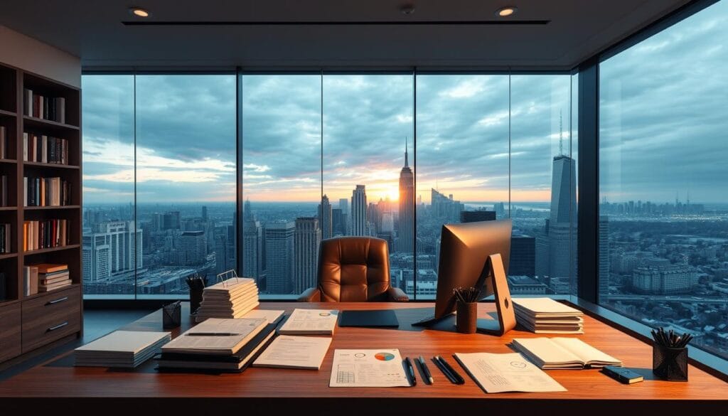 A sleek, modern office setting with an expansive glass wall overlooking a bustling city skyline. In the foreground, a large wooden desk with a high-end computer setup, various financial documents, and a neatly organized array of pens and other office supplies. The middle ground features a leather chair and a minimalist bookshelf filled with finance-related volumes. Soft, directional lighting creates a warm, professional atmosphere, while the background showcases a panoramic view of the cityscape, with skyscrapers and a vibrant sunset hue. The overall scene conveys an atmosphere of diligent portfolio management, financial expertise, and a commitment to providing clients with the highest level of service. A sleek, modern office setting with an expansive glass wall overlooking a bustling city skyline. In the foreground, a large wooden desk with a high-end computer setup, various financial documents, and a neatly organized array of pens and other office supplies. The middle ground features a leather chair and a minimalist bookshelf filled with finance-related volumes. Soft, directional lighting creates a warm, professional atmosphere, while the background showcases a panoramic view of the cityscape, with skyscrapers and a vibrant sunset hue. The overall scene conveys an atmosphere of diligent portfolio management, financial expertise, and a commitment to providing clients with the highest level of service.
