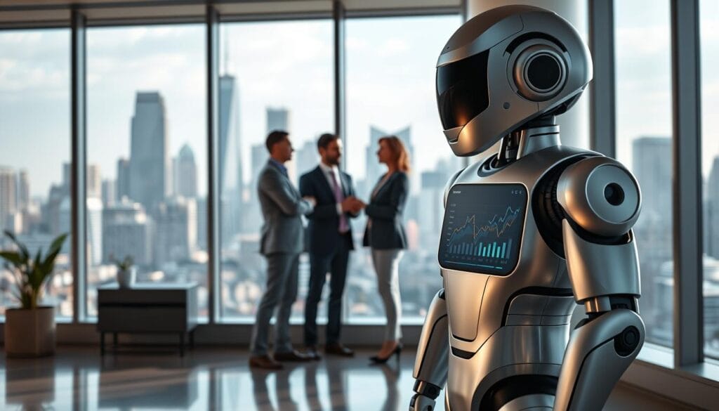 A sleek, modern office setting with large windows overlooking a bustling city skyline. In the foreground, a stylized robo-advisor stands poised, its metallic frame gleaming under the soft, directional lighting. The robo-advisor's display panel shows a dynamic financial dashboard, with charts and graphs illustrating key investment data. In the middle ground, a group of human financial advisors collaborates with the robo-advisor, discussing investment strategies and portfolios. The atmosphere is one of efficiency, innovation, and the seamless integration of human expertise and artificial intelligence. The overall mood conveys the power of technology-driven financial planning in the modern age.