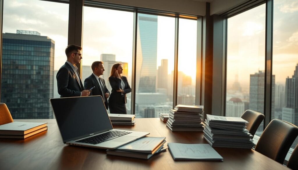 A sleek, modern office space with floor-to-ceiling windows overlooking a bustling financial district. In the foreground, a stylish wooden desk with a laptop, a tablet, and stacks of documents, symbolizing the analytical work of wealth management. The middle ground features a team of professionals in business attire, engaged in an animated discussion, their faces reflecting a sense of focus and determination. In the background, a towering skyscraper with a minimalist, glass facade, casting a warm, golden glow across the scene, conveying a sense of financial stability and success. The lighting is soft and natural, creating a sense of elegance and professionalism. The overall atmosphere is one of innovation, collaboration, and the pursuit of wealth management excellence.