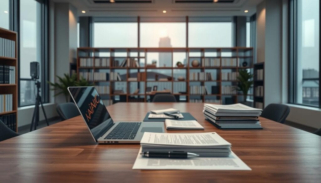 A sleek, modern office workspace with a focus on financial accounting and wealth management. In the foreground, a wooden desk holds a laptop, pen, and a stack of organized documents. In the middle ground, bookshelves line the walls, filled with financial ledgers and reference materials. Soft, directional lighting casts a warm glow, creating a professional yet inviting atmosphere. The background features large windows overlooking a cityscape, hinting at the broader context of retirement planning and wealth building. The composition emphasizes efficiency, attention to detail, and a sense of control over one's financial future.