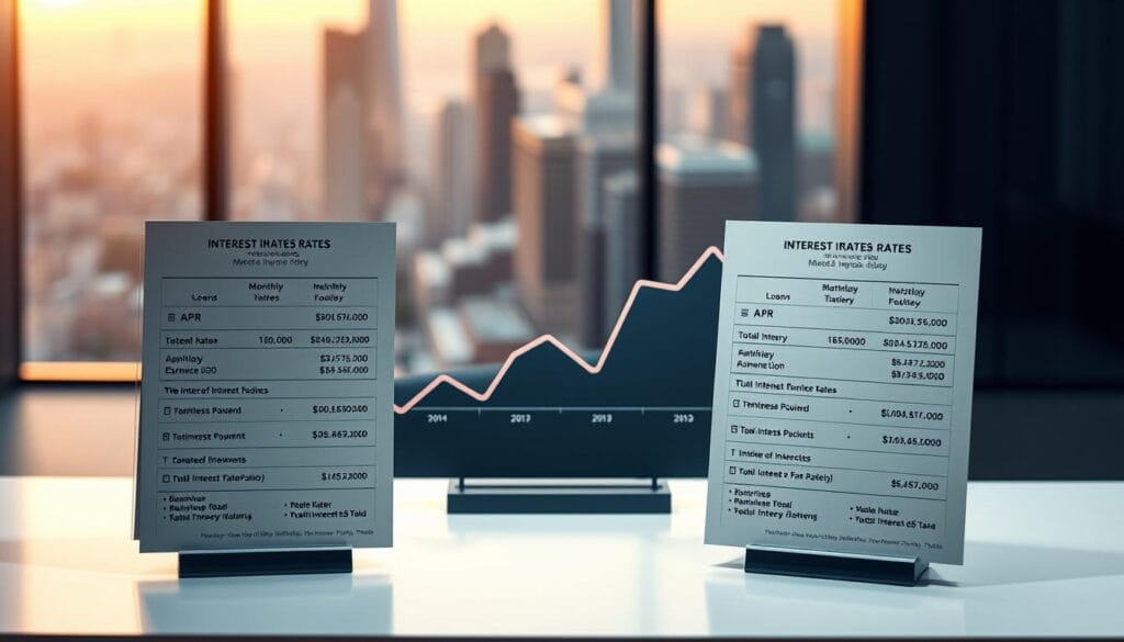 A sleek, modern table display showcasing a side-by-side comparison of interest rates for various loan options. The foreground features a clean, minimalist design with two loan application forms, each displaying key details like APR, monthly payments, and total interest paid over the lifetime of the loan. The middle ground includes a line graph charting the fluctuation of interest rates over time, providing context for the current rates. The background depicts a softly blurred cityscape, conveying a sense of financial stability and growth. Warm, directional lighting illuminates the display, creating a professional, authoritative atmosphere. The overall composition emphasizes clarity, precision, and the importance of understanding the nuances of interest rates when securing a loan.