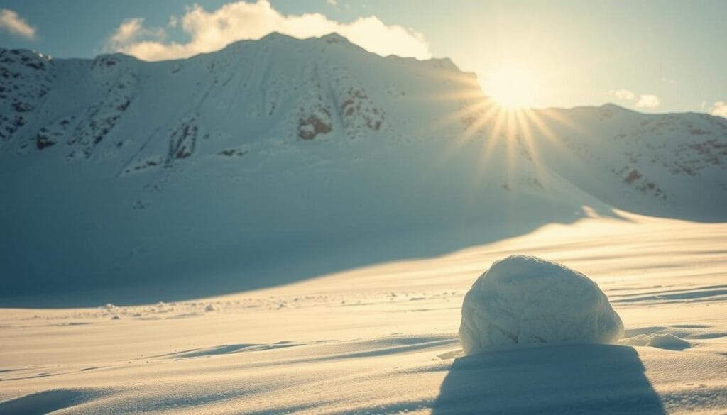 A snow-covered landscape, with a large, looming avalanche of debt and a single snowball of a more manageable debt strategy in the foreground. The avalanche, represented by a towering, ominous mass, casts a long, foreboding shadow, while the snowball, a symbol of a controlled, gradual approach, stands resolute against the overwhelming force. Warm, golden lighting filters through the scene, creating a sense of hope and determination. The composition emphasizes the contrast between the two methods, inviting the viewer to consider the benefits of the snowball approach for seniors seeking a debt-free lifestyle.