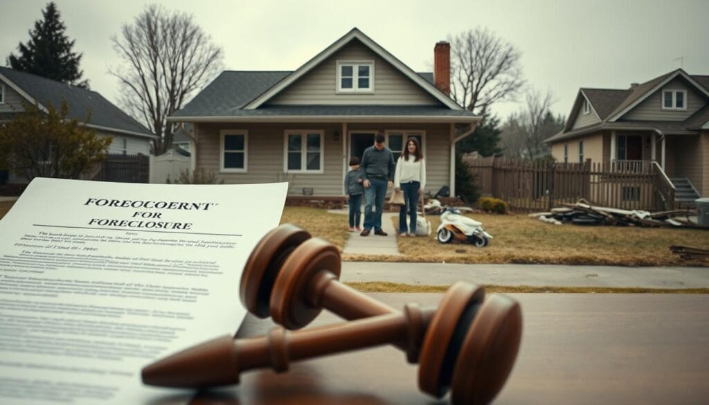 A somber, realistic depiction of the foreclosure process, set against the backdrop of a modest suburban home. In the foreground, a judicial document is prominently displayed, representing the legal proceedings. In the middle ground, a family stands dejected, their belongings scattered, conveying the emotional and financial turmoil of losing their home. The background features a neighborhood in disrepair, with overgrown lawns and abandoned properties, symbolizing the broader economic and social impact of foreclosure. The scene is illuminated by a muted, overcast lighting, evoking a sense of melancholy and hopelessness. Capture the gravity and complexity of the foreclosure process through this visually compelling and impactful image. A somber, realistic depiction of the foreclosure process, set against the backdrop of a modest suburban home. In the foreground, a judicial document is prominently displayed, representing the legal proceedings. In the middle ground, a family stands dejected, their belongings scattered, conveying the emotional and financial turmoil of losing their home. The background features a neighborhood in disrepair, with overgrown lawns and abandoned properties, symbolizing the broader economic and social impact of foreclosure. The scene is illuminated by a muted, overcast lighting, evoking a sense of melancholy and hopelessness. Capture the gravity and complexity of the foreclosure process through this visually compelling and impactful image.