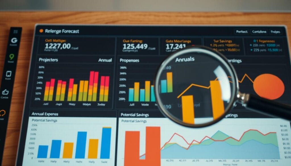 A sophisticated financial dashboard displays a detailed expense forecast, with projected monthly and annual budgets neatly organized. Against a backdrop of warm, earthy tones, colorful bar charts and line graphs illustrate potential savings, highlighting areas for optimization. A magnifying glass hovers over the data, inviting closer inspection. The overall mood is one of careful planning, with a sense of control and confidence in navigating the complexities of retirement finances.