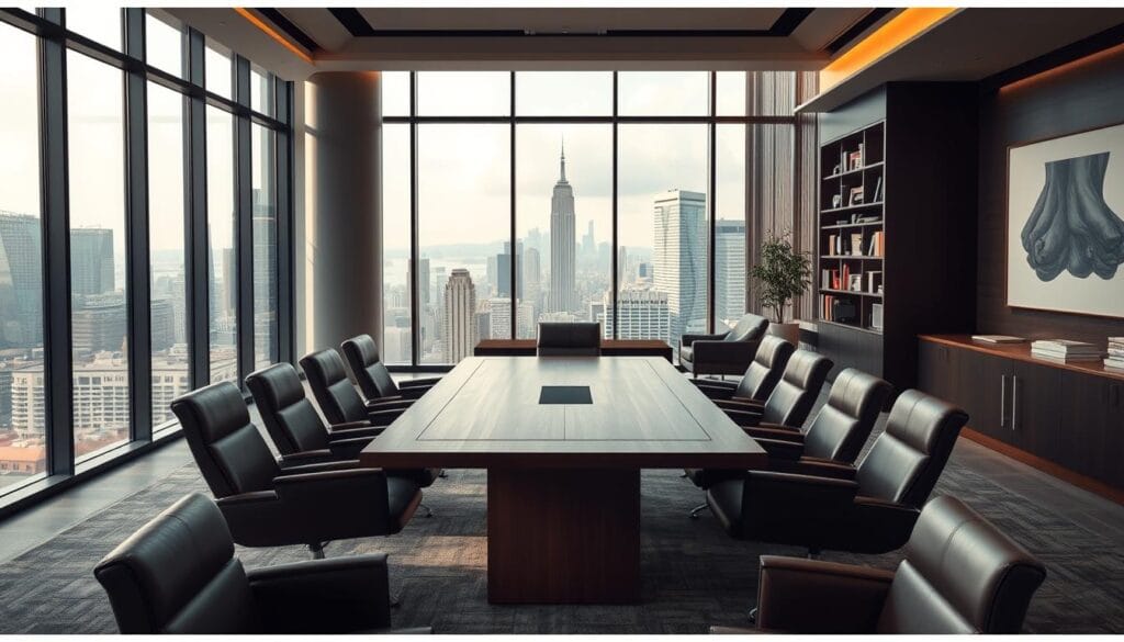 A sophisticated office interior with a contemporary design. In the foreground, a sleek wooden conference table surrounded by plush leather chairs, creating an atmosphere of professional elegance. In the middle ground, floor-to-ceiling windows offer a panoramic view of a bustling cityscape, conveying a sense of prestige and global connectivity. The background is adorned with modern artwork, bookshelves, and subtle lighting, reflecting the intellectual prowess and comprehensive services offered by a leading wealth management firm. The overall scene exudes an aura of trust, expertise, and tailored solutions for discerning clientele. A sophisticated office interior with a contemporary design. In the foreground, a sleek wooden conference table surrounded by plush leather chairs, creating an atmosphere of professional elegance. In the middle ground, floor-to-ceiling windows offer a panoramic view of a bustling cityscape, conveying a sense of prestige and global connectivity. The background is adorned with modern artwork, bookshelves, and subtle lighting, reflecting the intellectual prowess and comprehensive services offered by a leading wealth management firm. The overall scene exudes an aura of trust, expertise, and tailored solutions for discerning clientele.