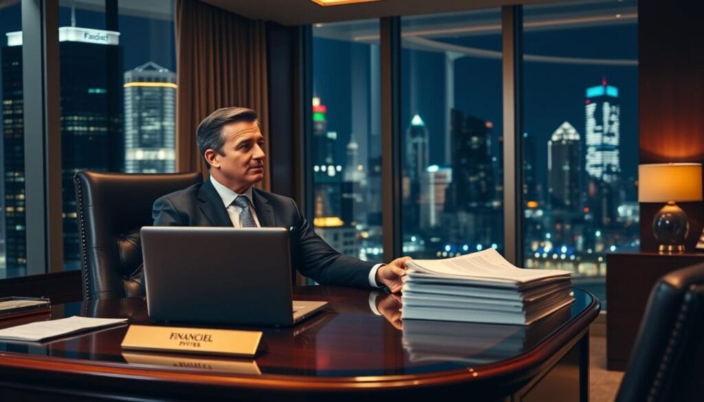 A sophisticated office setting with a polished mahogany desk, a plush leather chair, and a large window overlooking a bustling city skyline. Soft, warm lighting casts a professional glow, accentuating the sleek, modern decor. On the desk, a laptop, a stack of financial documents, and a brass nameplate reflecting the company's prestigious logo. In the foreground, a well-dressed financial advisor sits with a client, engaged in a thoughtful discussion, their expressions conveying the gravity and importance of the matters at hand. The overall atmosphere exudes an air of authority, expertise, and discreet affluence, capturing the essence of a leading wealth management firm.